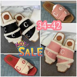 CH Sandles Designer slides womens lady woody sandals fluffy flat mule slide beige white pink lace lettering canvas fuzzy slippers summer shoes