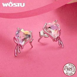 WOSTU Highquality 925 Sterling Silver Heart Bow Ear Studs Pink Heartshaped Buckles for Women Fine Jewelry Daily Party Gift 231225