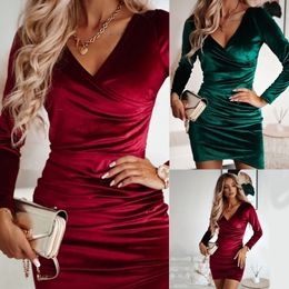 V Neck Velvet Bodycon Dresses For Women Elegant Long Sleeve Party Dress Christmas Formal Drop 231225