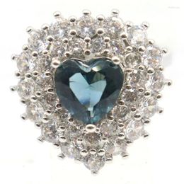 Cluster Rings 20x19mm Princess Cut Heart Shape Swiss Blue Topaz London White CZ Shiny Silver