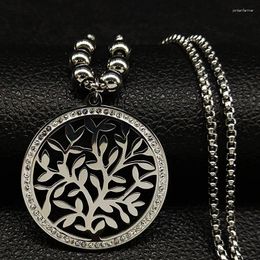 Pendant Necklaces Tree Of Life Crystal Stainless Steel Long Chain Necklace Women Silver Colour Bead Statement Jewellery Collar Largo K77517B