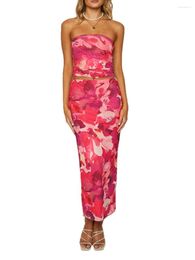 Casual Dresses Women 2 Piece Summer Skirt Outfits Floral Strapless Cropped Tube Tops And Elastic Long Streetwear