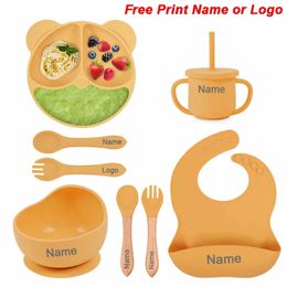 Feeding Set Silicone For Baby Sucker Bowl Dishes Plate Kids Bear Tableware Children's Cup With Straw 8Pcs 231225