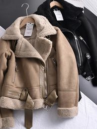Traf Winter Women Thick Warm Suede Lamb Jacket Short Motorcycle Brown Coats Faux Shearling Sheepskin Leather Jackets Outwear 231225
