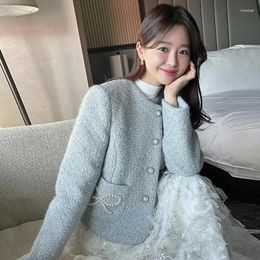 Women's Jackets Winter Temperament Fragrant Style Round Neck Unique Button Loose Long Sleeved Short Tweed Jacket Coats