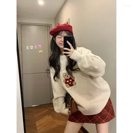 Women's Hoodies Bear Embroidery O-Neck Pullovers Loose Color HoodieTop Korean Sweater Women Fashion Long Sleeve Hoodie