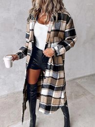 Women's Trench Coats All-match Cardigan Women Korean Fashion Plaid Print Buttoned Pocket Design Longline Coat Casual Elegant Oversize Jacket