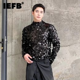 IEFB Elgance Men s Long Sleeve T shirts Autumn Trend Sequin Standing Neck Slim Male Tee Fashion Personality 9C2612 231225