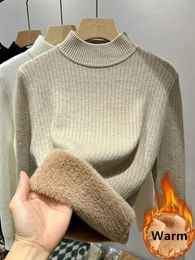 Winter Warm Sweater Pullover Women Slim Thicken Plush Velvet Lined Knitwear Jumper Korean Half Turtleneck Poleras Soft Knit Tops 231222