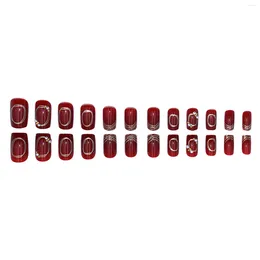 False Nails Glitter Square Press On Wine Red With Pearl Design Glue For Art Supplies Women Girls