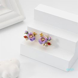 Stud Jaeeyin 2021 Delicate Enamel Rose Flower Gold Color Bee Ladybirds Colorful Leaves Earrings Clip Year Gift Girls2594