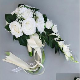 Decorative Flowers Wreaths Waterfall Silk Rose Wedding Bouquet For Bridesmaids Bridal Bouquets White Artificial Mariage Supplies H Dh3Zb