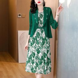 Work Dresses 2023Autumn Three House Pleated Suit Coat Dress Two Piece Set For Women's Elastic Slim Loose Large Knee Length