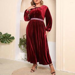 Plus Size Dresses Women Burgundy Long Sleeve Round Neck Tie Temperament Elegant Dress Large Female Fashion Evening Party