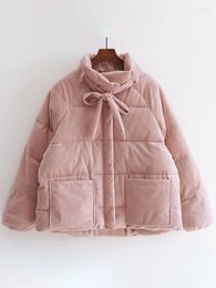 Women's Trench Coats Corduroy Down Jacket Women Winter Warm Stand Collar Padding Parkas Female Korean Fashion Sweet Bow Bandage Zipper