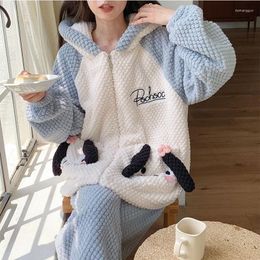 Women's Sleepwear Women Nightclothes Autumn Winter Long Sleeve Coral Velvet Pyjamas Female Cute Bear Zipper Homewear Hooded Warm Suit 2024