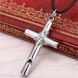 10pcs Men Women Whistle Steel Cross Pendant Necklace with Leather Rope fashion Jewellery necklace 201014218B