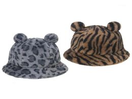 Women Winter Fuzzy Plush Bucket Hat Bear Ears Leopard Zebra Cow Fisherman Cap16661357