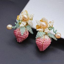 Dangle Earrings Handmade Original Design Pink Strawberry PearlEarrings Women Blue Rhinestone Drop Party Jewelry Femme Bijoux