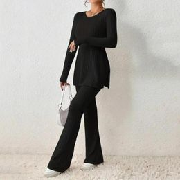 Women's Two Piece Pants Women Suit Set Stylish Two-piece Knitted With Long Sleeve Ribbed Top High Waist Flared Trousers For Fall Winter