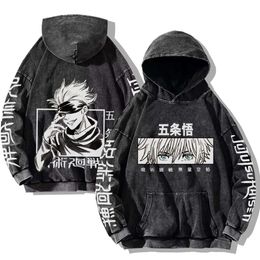 Gojo Satoru Vintage Hoodies Jujutsu Kaisen Hood Sweatshirts Anime Oversized Sweatshirt Washed Retro Hoodie Casual Streetwear Top