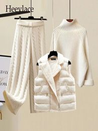 Winter Warm 3 Piece Sets Womens Outfits Office Ladies Turtleneck Knitted Sweaterwoolen Parkas Vestwide Leg Knitting Pants Sets 231225