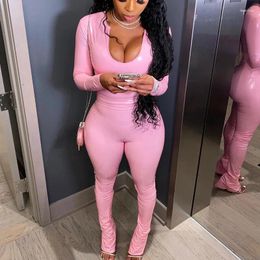 Women's Two Piece Pants Echoine Pink PU Leather Skinny Top And Flare Hight Wasit Legging Set Street Party Clubwear Sexy Bodycon Outfits