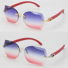 Rimless Red Wood C Decoration Vintage Luxury Cat Eye Sunglasses Square shape face Carving Lens Unisex driving glasses 18K gold met286o