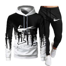 Fashion Men geometric alphabet pattern Tracksuit Long sleeve Hoodie Pants Trackpants Street casual sports style Running Basketball men and women
