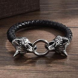 Bangle Viking Bracelet Leather Rope Chain Double Bite Ring For Men Amulet Jewellery Gift MaleBangle224C