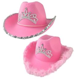 Stingy Brim Hats Pink Cowgirl For Women Cow Girl With Tiara Neck Draw String Felt Cowboy Costume Accessories Party Hat Play Dress 2423036