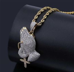 Iced Out Cubic Zircon Praying Hands Pendant With Charms Necklace Fashion Luxury Hip Hop Designer Jewelry8033832