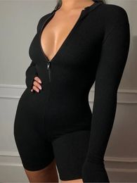 Knitted Rib Long Sleeve Black Sexy Romper Jumpsuit Women Clothes Club Zipper Bodysuit Female Streetwear Overalls Shorts 231225