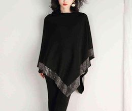 ZJZLL 2021 New Autumn Fashion Winter Diamonds Knit Wool Shawl Cloak Loose Plus Size Solid Woman Poncho Cape Pullover Sweater H11232966847