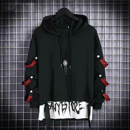 Men's Hoodie Sweatshirt Casual Black Hoodies Tops Techwear Hip Hop Harajuku Patchwork Japanese Streetwear Men With streamers top 231222