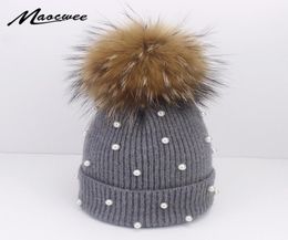 Wool Beanies Women Real Natural Fox Fur Pom Poms Fashion Pearl Knitted Hat Girls Female Beanie Cap Pompom Winter Hats for Women Y26634988