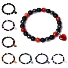 8mm Hematite Black Beads Natural Stone Rose Quartz Topaz Tiger Eye Agate Heart Charms Bracelet Men Women Yoga Healing Balance Bracelet