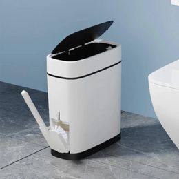 Bathroom Trash Can with Toilet Brush Holder 14 Litre White Plastic Garbage Dog Proof Slim Rectangular Bin for 231225