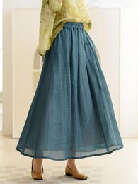 Skirts Chinese Style Women Ramie Loose Thin Skirt 2023 Summer Retro Elastic Waist Simple Casual
