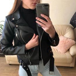 Women Faux Leather Jacket Chic Vintage Short Lapel Zipper Belt Motorcycle Coat Streetwear Moto Biker Outwear 231225