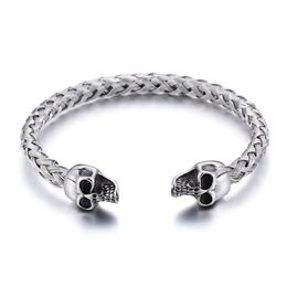 Silver Stainless Steel Cuff bangle Biker double skull head End Open Bracelet knot Wire chain3131