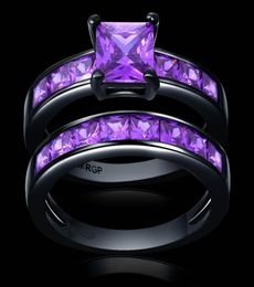 Noble purple square CZ Zircon couple Rings Set black Gold filled Wedding alliance For Women no17334228967