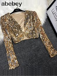 Jackets Sequins Patch Jacket Women Spring Long Sleeve Gold Sier Shiny Crop Top Dance Party Korean Slim Open Female