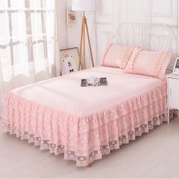 Pink Lace Lotus Leaf Bed Skirts Princess Style Solid Colour Bedspread Cover NonSlip Sheets Without Pillowcase 231222