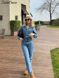 2023 Women Denim Jumpsuit Women's Jeans Overalls Long Sleeve Elegant Jumpsuits Y2k Streetwear Summer Turn Down Collar 231222