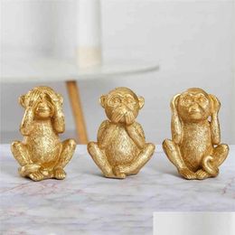 Decorative Objects & Figurines Resin Not Listen See Talk Golden Monkey Miniature Figurines Home Decor Bedroom Corridor Decorative Scpt Dhzkr