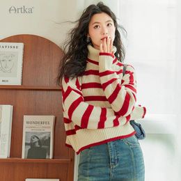 Women's Sweaters ARTKA 2023 Winter Women Sweater Fashion Loose Pure Wool Knitted Turtleneck Red Stripe Thicken YB92530Q