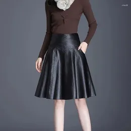 Skirts Leather Skirt Women Midi A-line Large Size Over The Knee Mid-length High-waist Pleated Autumn Winter Lady Clothe