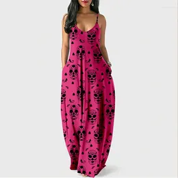 Casual Dresses 2023 Summer Women Long Beach Skirt Skull 3D Print Leisure Loose Sexy Strap Holiday Insert Robe Dress Y2k