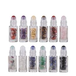 Natural Gemstone Essential Oil Roller Bottles 5ml Clear Perfumes Oil E Liquids Roll On Bottles with Crystal Chips Plastic Wooden Grain Tjtl